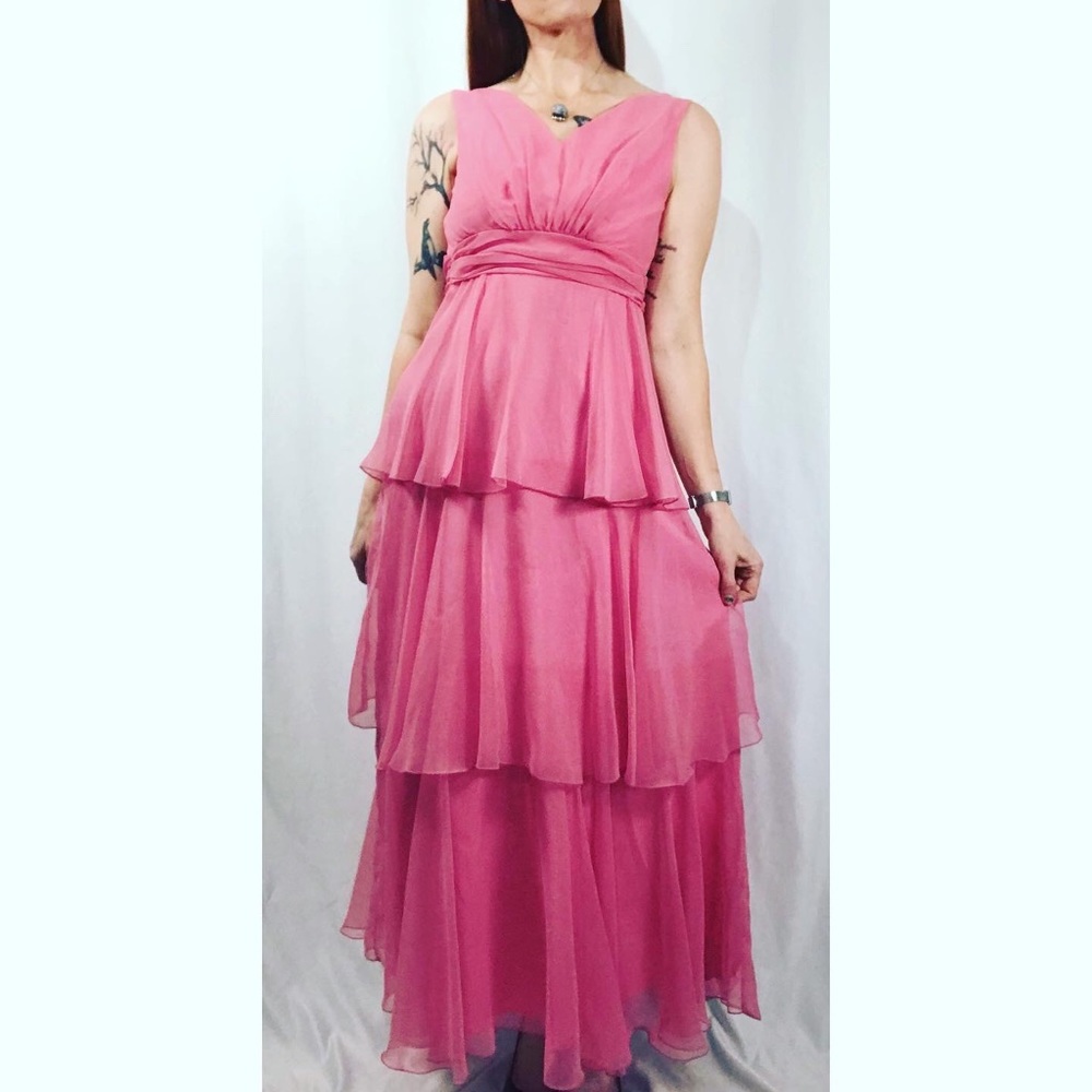 Sold—Vintage Pink Chiffon Empire Waist Maxi Dress with Matching Chiffon Cape - Picture 6 of 17